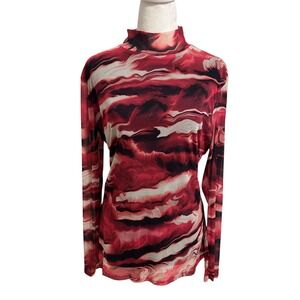Anne Klein XL longsleeve mesh sheer long sleeve mock neck red black‎ Stretch
